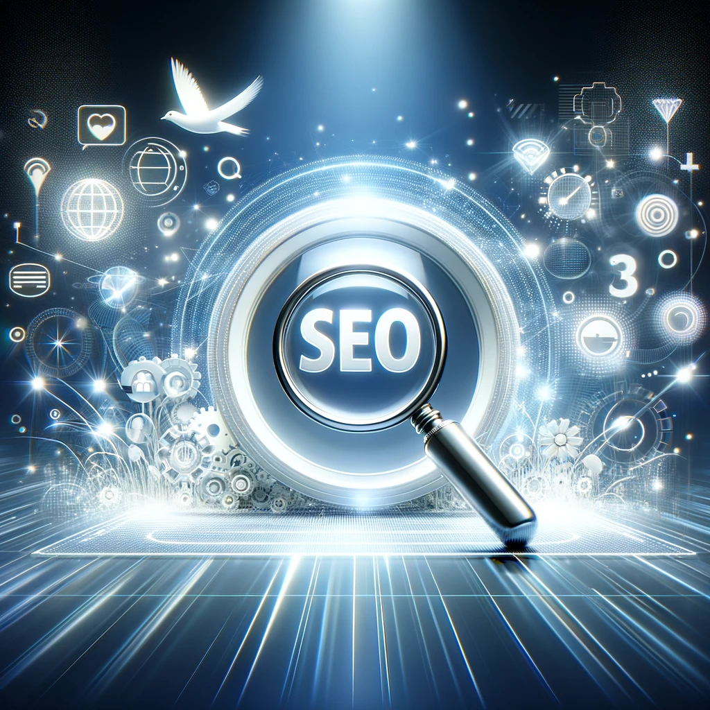 DALL·E 2024-02-16 15.59.27 - Create an illustration representing website SEO (Search Engine Optimization) in a whitemorphism style. The scene should include a large, glowing searc